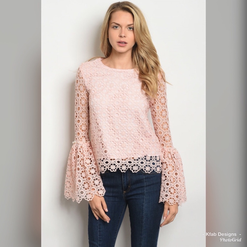 🥰LAST 1! Blush Bell Sleeve Crochet Overlay Top! - Picture 5 of 6